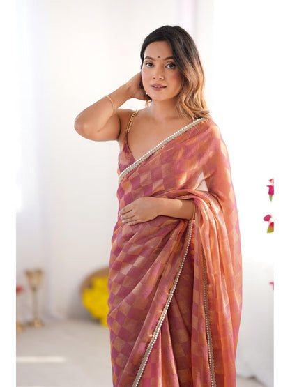 Jyoti Fashion Women's Brown Box Chiffon Moti Lace Border Designer Saree with Blouse