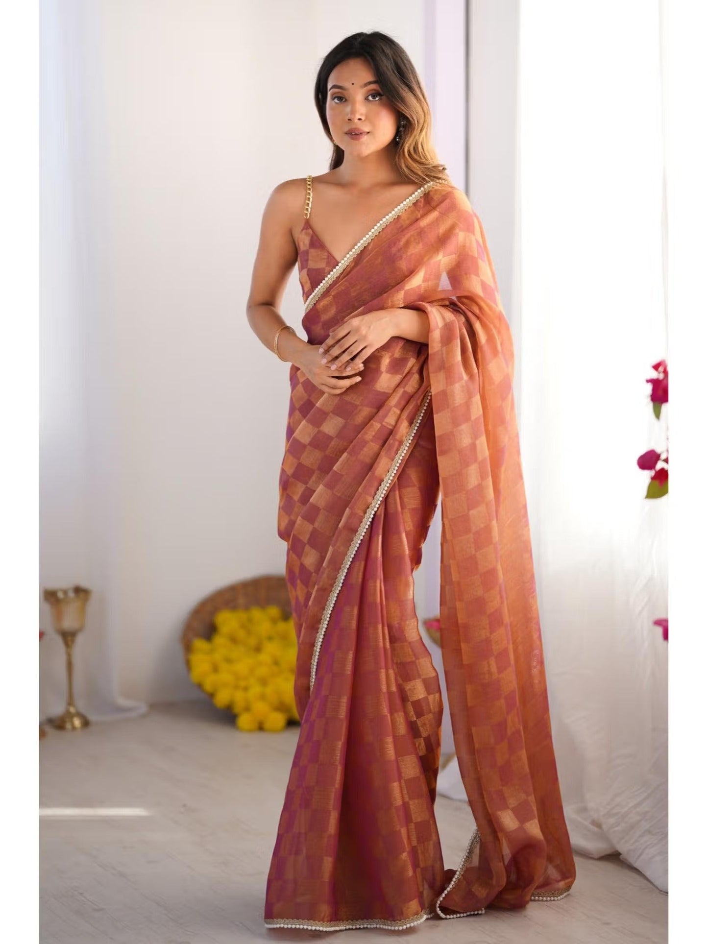 Jyoti Fashion Women's Brown Box Chiffon Moti Lace Border Designer Saree with Blouse