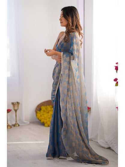 Jyoti Fashion Women's Blue Box Chiffon Moti Lace Border Designer Saree with Blouse