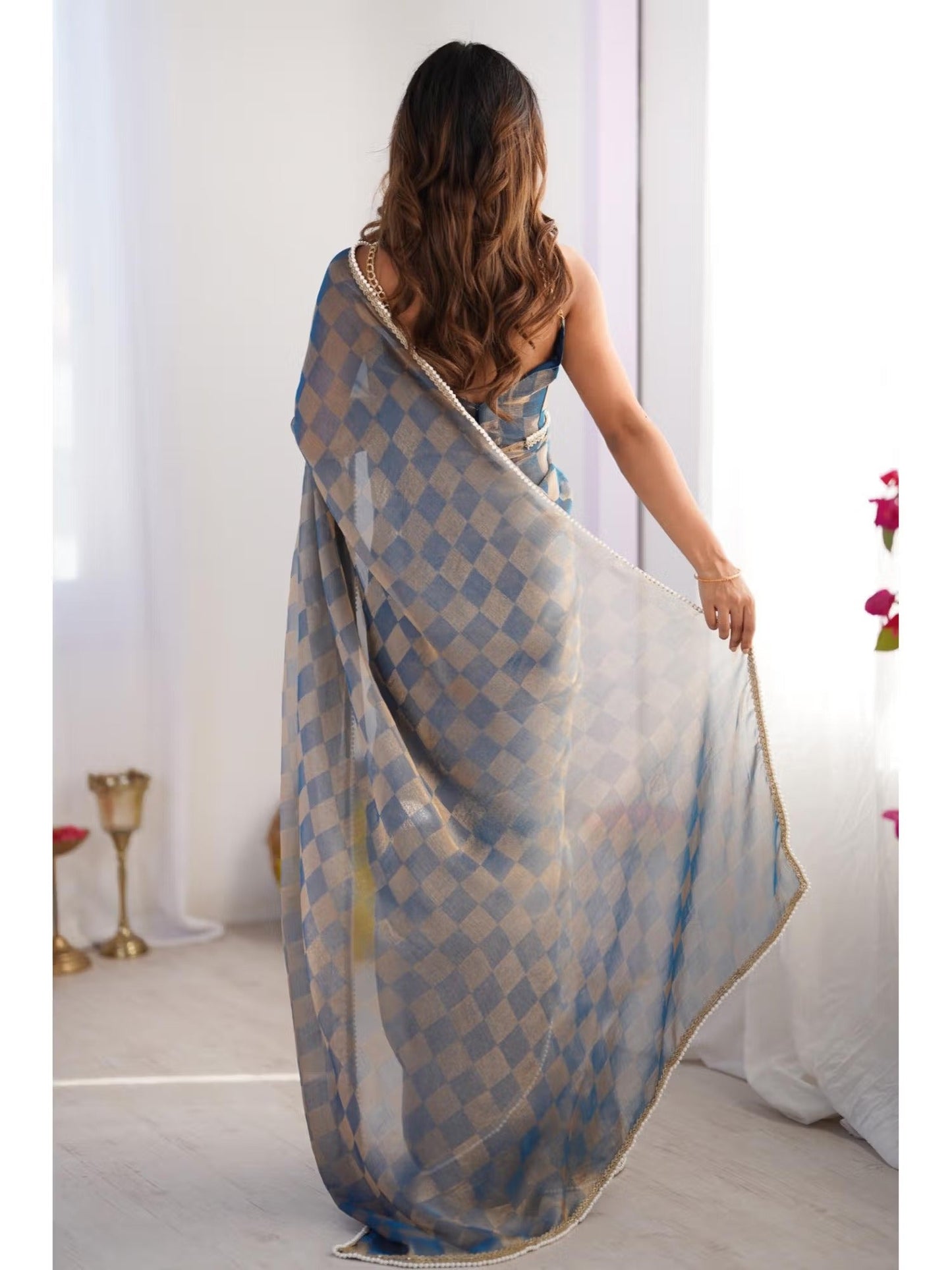 Jyoti Fashion Women's Blue Box Chiffon Moti Lace Border Designer Saree with Blouse