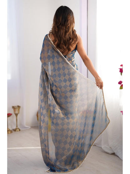 Jyoti Fashion Women's Blue Box Chiffon Moti Lace Border Designer Saree with Blouse