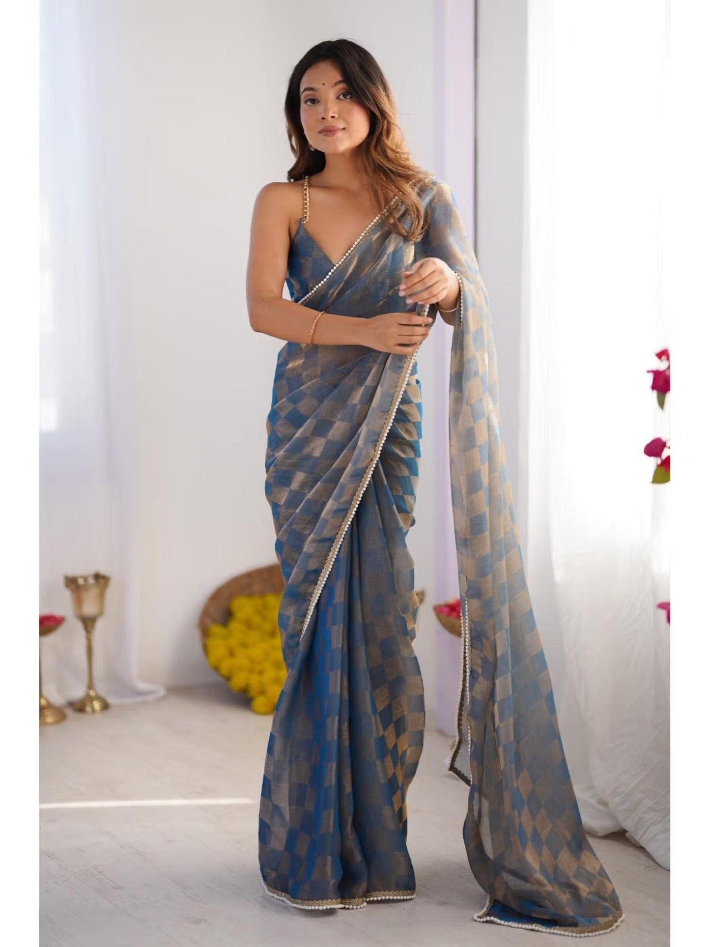Jyoti Fashion Women's Blue Box Chiffon Moti Lace Border Designer Saree with Blouse