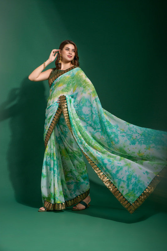 Jyoti Fashion Women's Sea Green Sequence Embroidery Chiffon Saree with Blouse