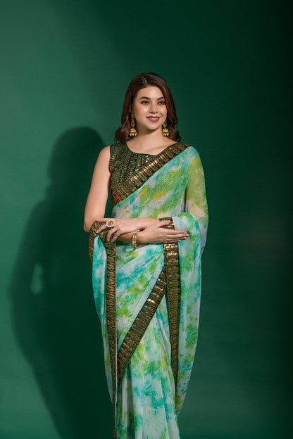 Jyoti Fashion Women's Sea Green Sequence Embroidery Chiffon Saree with Blouse