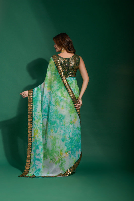 Jyoti Fashion Women's Sea Green Sequence Embroidery Chiffon Saree with Blouse