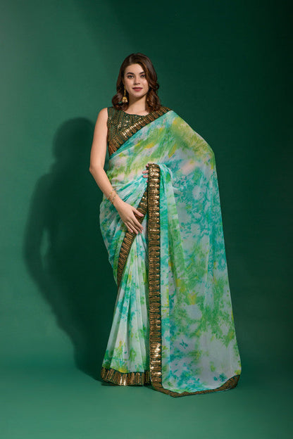 Jyoti Fashion Women's Sea Green Sequence Embroidery Chiffon Saree with Blouse
