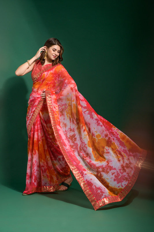 Jyoti Fashion Women's Gajri Sequence Embroidery Chiffon Saree with Blouse