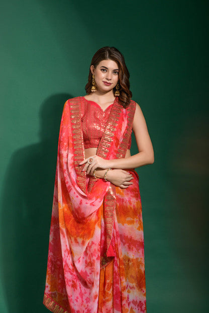 Jyoti Fashion Women's Gajri Sequence Embroidery Chiffon Saree with Blouse