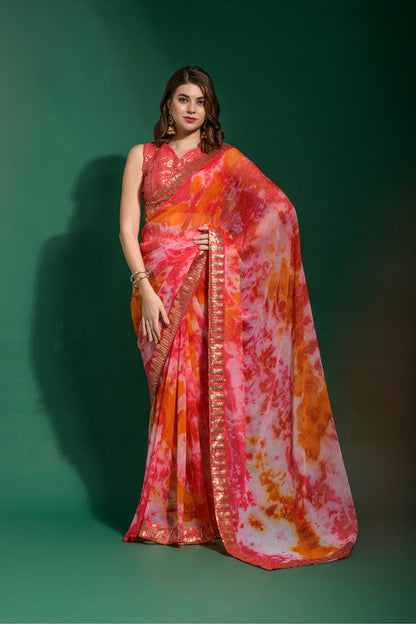 Jyoti Fashion Women's Gajri Sequence Embroidery Chiffon Saree with Blouse
