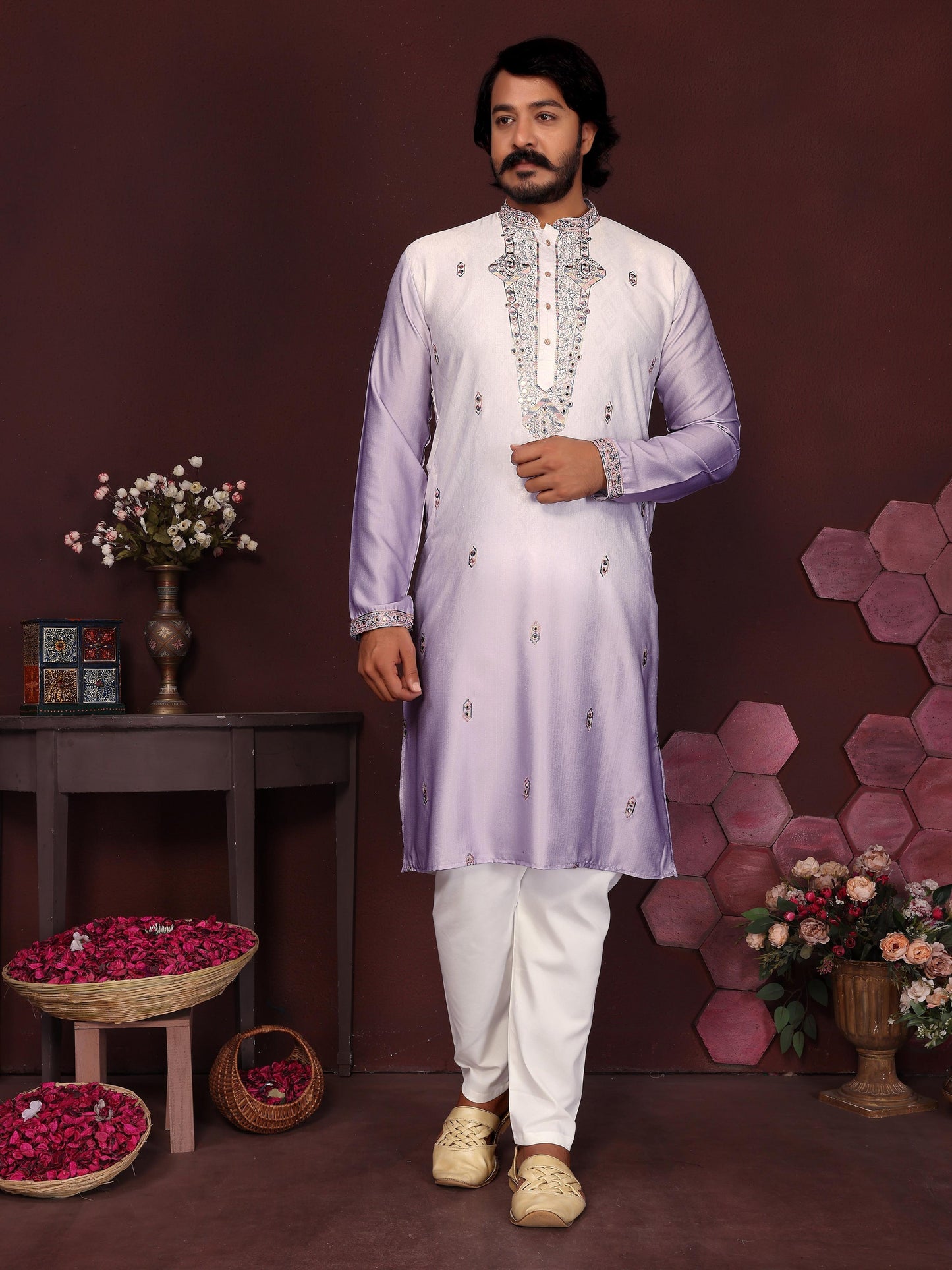 Jyoti Fashion Men's Purple Sequins Embroidered Kurta with Pajama