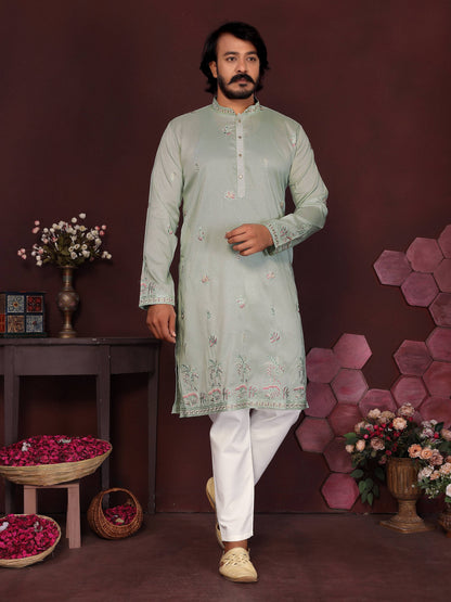 Jyoti Fashion Men's Grey Sequins Embroidered Kurta with Pajama