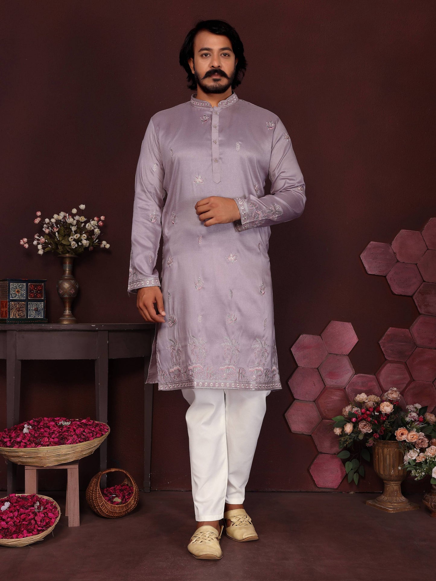 Jyoti Fashion Men's Purple Sequins Embroidered Kurta with Pajama