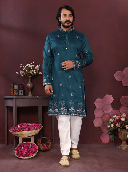 Jyoti Fashion Men's Teal Sequins Embroidered Kurta with Pajama