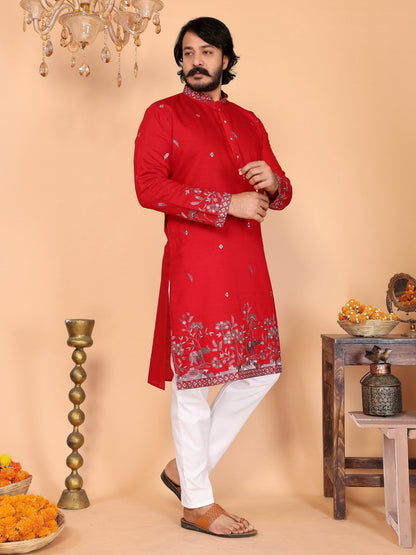 Jyoti Fashion Men's Red Sequins Embroidered Kurta with Pajama