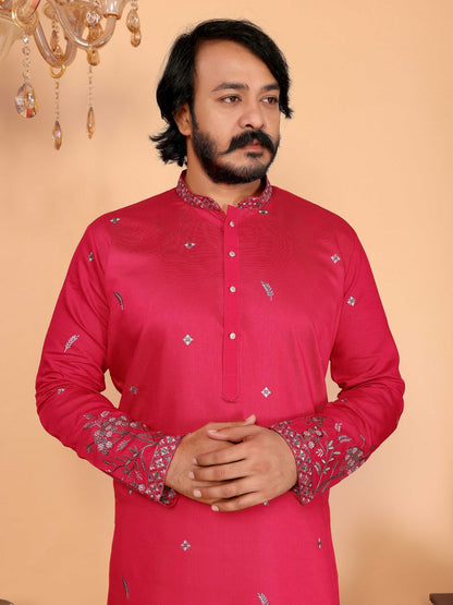 Jyoti Fashion Men's Pink Sequins Embroidered Kurta with Pajama