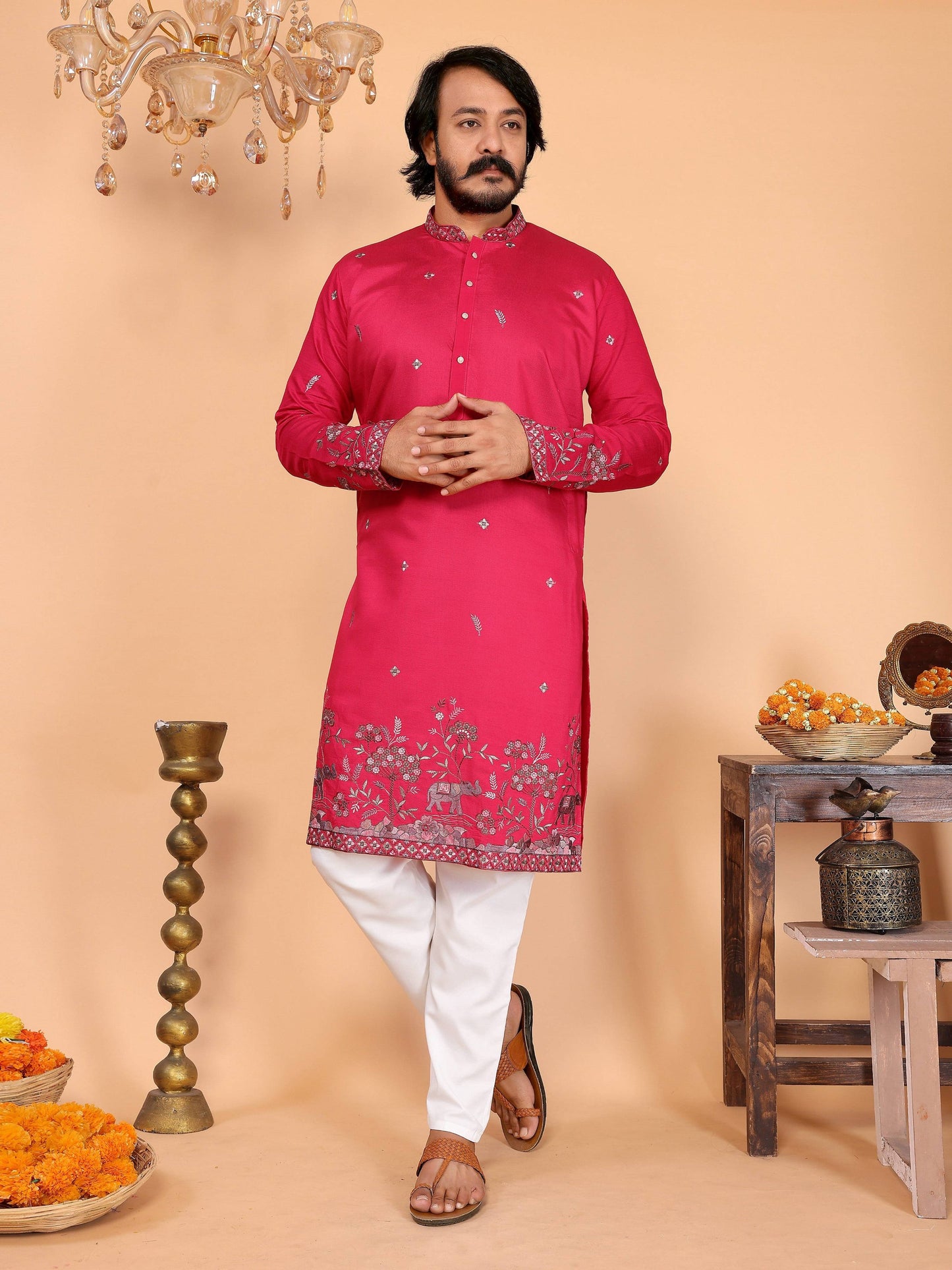 Jyoti Fashion Men's Pink Sequins Embroidered Kurta with Pajama