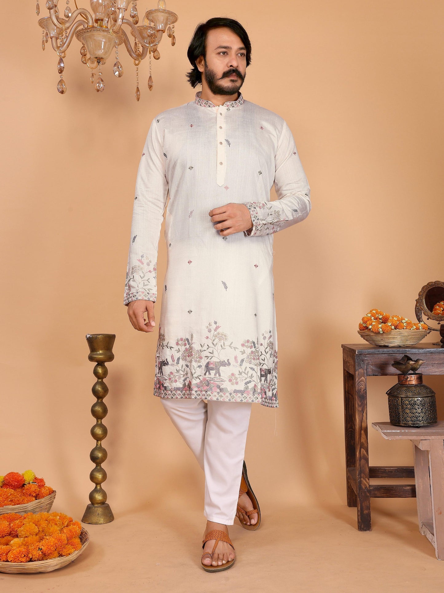 Jyoti Fashion Men's White Sequins Embroidered Kurta with Pajama