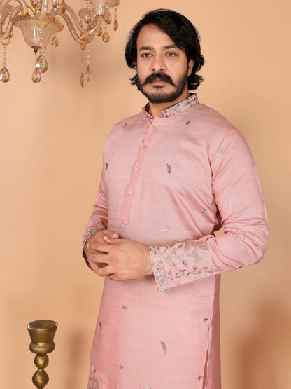Jyoti Fashion Men's Peach Sequins Embroidered Kurta with Pajama