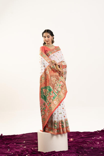 Jyoti Fashion Women's White Banarasi Pashmina Soft Silk Zari Woven Saree with Blouse