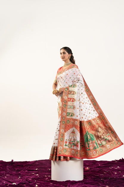 Jyoti Fashion Women's White Banarasi Pashmina Soft Silk Zari Woven Saree with Blouse