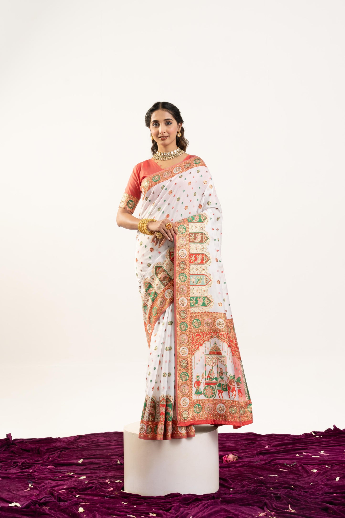 Jyoti Fashion Women's White Banarasi Pashmina Soft Silk Zari Woven Saree with Blouse
