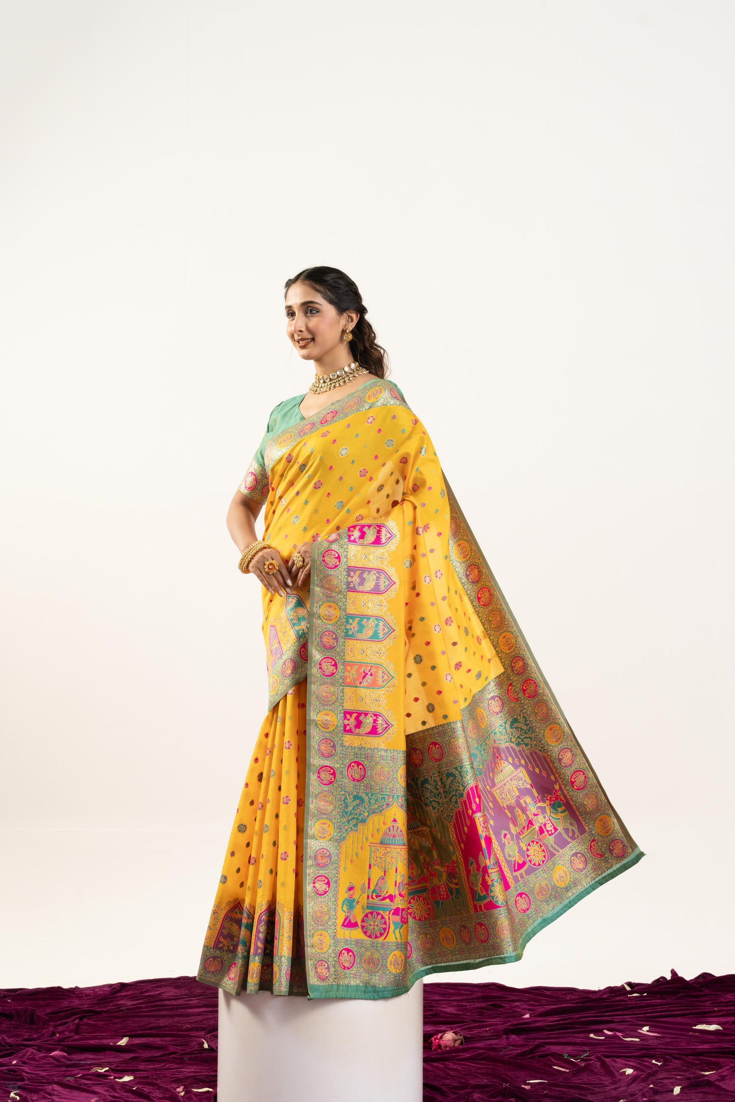 Jyoti Fashion Women's Yellow Banarasi Pashmina Soft Silk Zari Woven Saree with Blouse