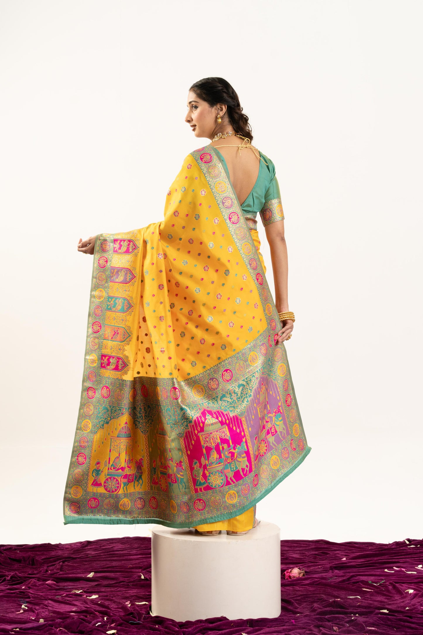 Jyoti Fashion Women's Yellow Banarasi Pashmina Soft Silk Zari Woven Saree with Blouse