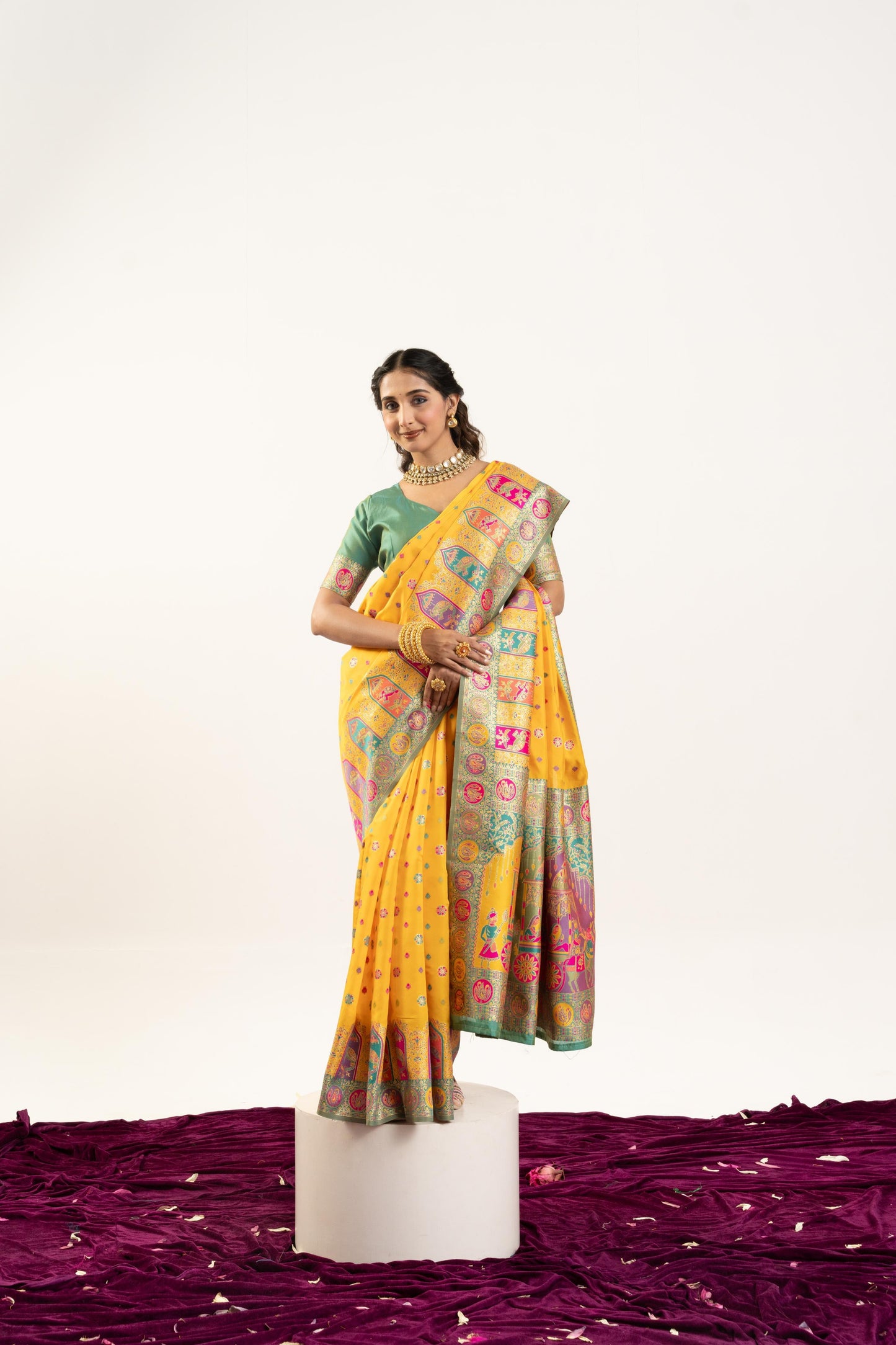 Jyoti Fashion Women's Yellow Banarasi Pashmina Soft Silk Zari Woven Saree with Blouse