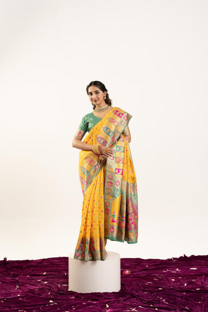 Jyoti Fashion Women's Yellow Banarasi Pashmina Soft Silk Zari Woven Saree with Blouse