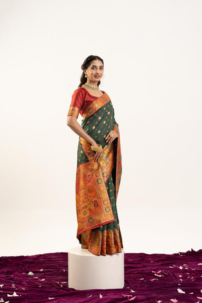 Jyoti Fashion Women's Bottle Green Banarasi Pashmina Soft Silk Zari Woven Saree with Blouse