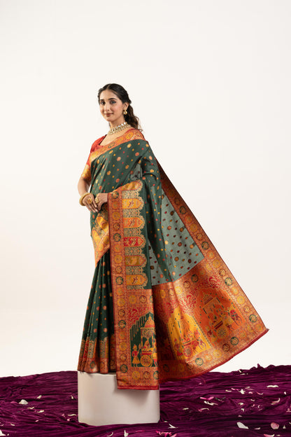Jyoti Fashion Women's Bottle Green Banarasi Pashmina Soft Silk Zari Woven Saree with Blouse
