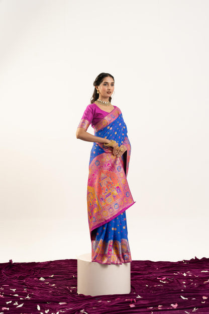 Jyoti Fashion Women's Blue Banarasi Pashmina Soft Silk Zari Woven Saree with Blouse