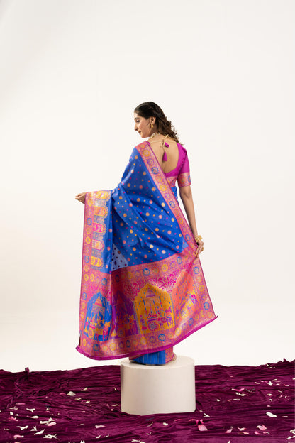 Jyoti Fashion Women's Blue Banarasi Pashmina Soft Silk Zari Woven Saree with Blouse