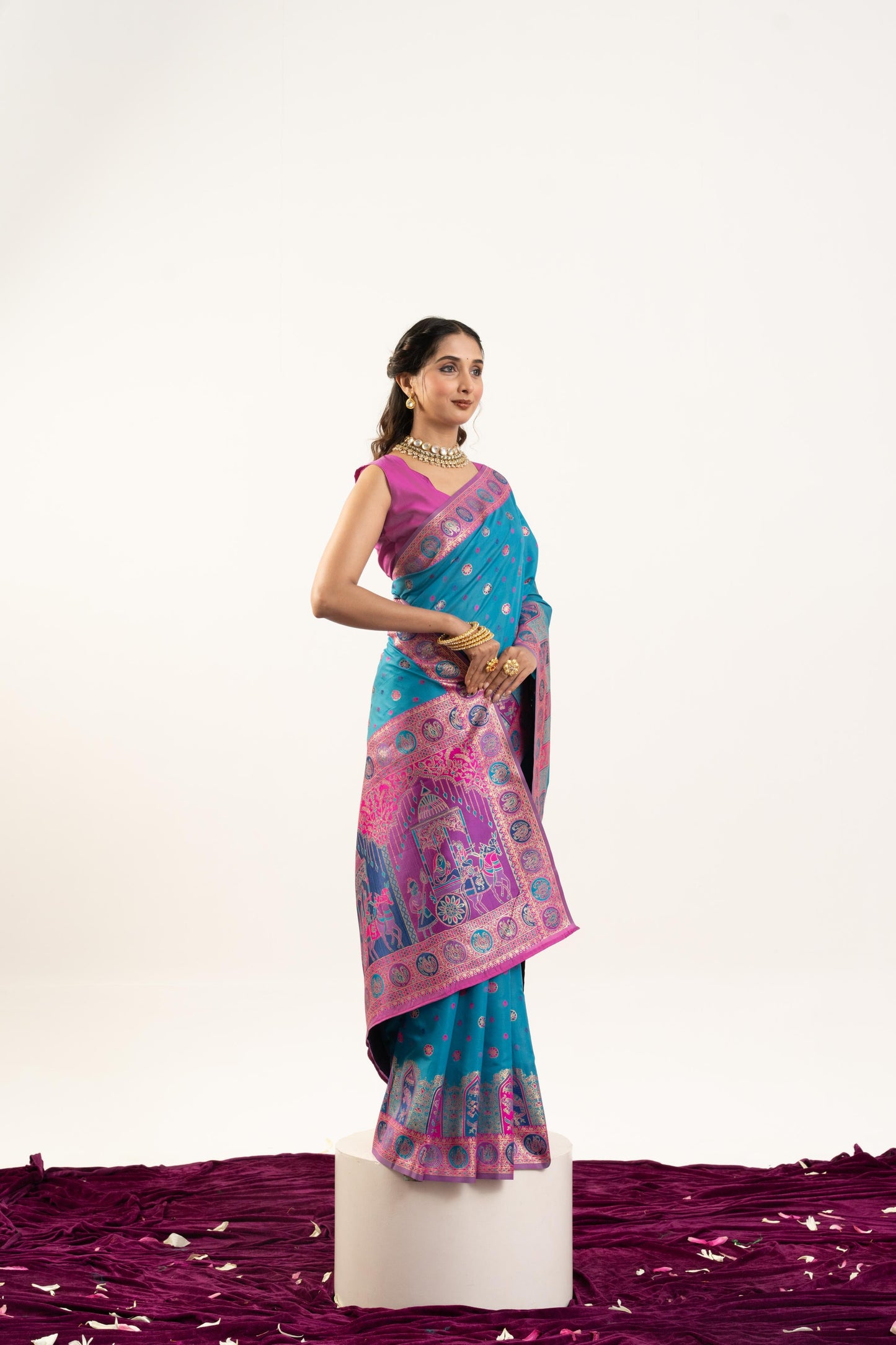 Jyoti Fashion Women's Turquoise Banarasi Pashmina Soft Silk Zari Woven Saree with Blouse
