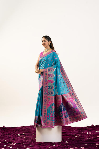Jyoti Fashion Women's Turquoise Banarasi Pashmina Soft Silk Zari Woven Saree with Blouse