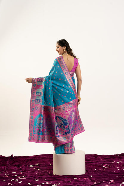 Jyoti Fashion Women's Turquoise Banarasi Pashmina Soft Silk Zari Woven Saree with Blouse