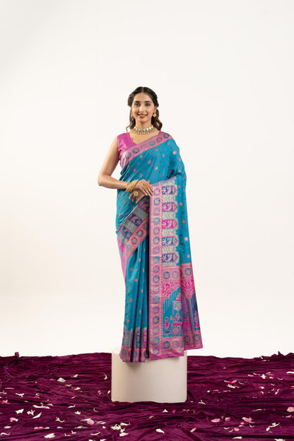 Jyoti Fashion Women's Turquoise Banarasi Pashmina Soft Silk Zari Woven Saree with Blouse