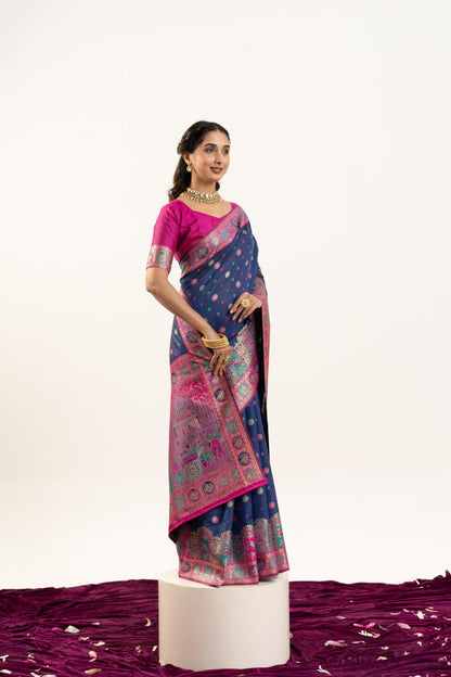 Jyoti Fashion Women's Navy Blue Banarasi Pashmina Soft Silk Zari Woven Saree with Blouse