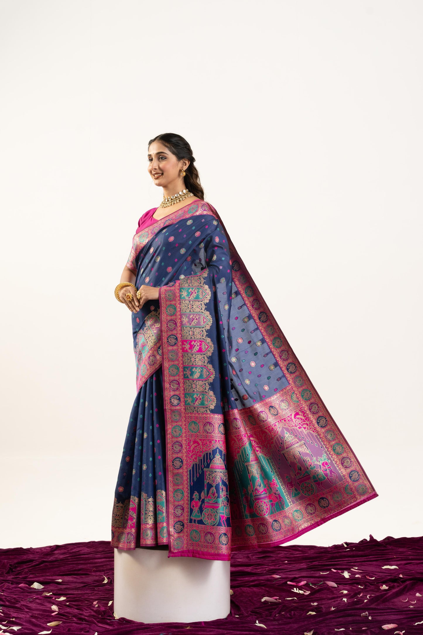 Jyoti Fashion Women's Navy Blue Banarasi Pashmina Soft Silk Zari Woven Saree with Blouse