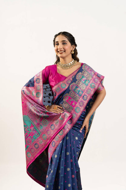 Jyoti Fashion Women's Navy Blue Banarasi Pashmina Soft Silk Zari Woven Saree with Blouse