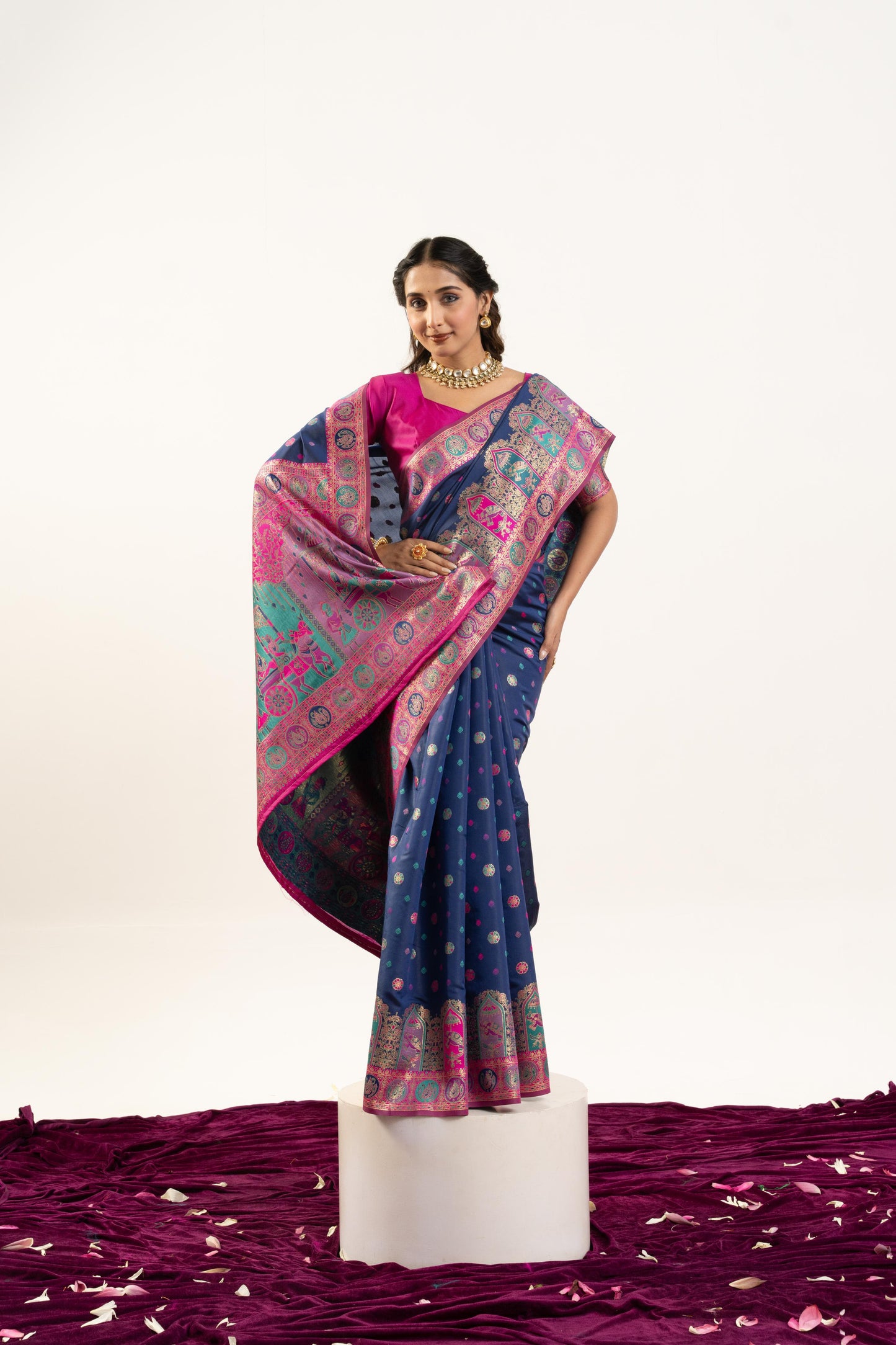 Jyoti Fashion Women's Navy Blue Banarasi Pashmina Soft Silk Zari Woven Saree with Blouse