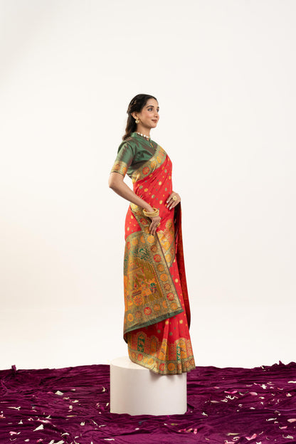 Jyoti Fashion Women's Red Banarasi Pashmina Soft Silk Zari Woven Saree with Blouse