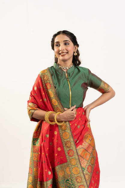 Jyoti Fashion Women's Red Banarasi Pashmina Soft Silk Zari Woven Saree with Blouse