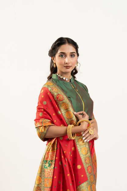 Jyoti Fashion Women's Red Banarasi Pashmina Soft Silk Zari Woven Saree with Blouse