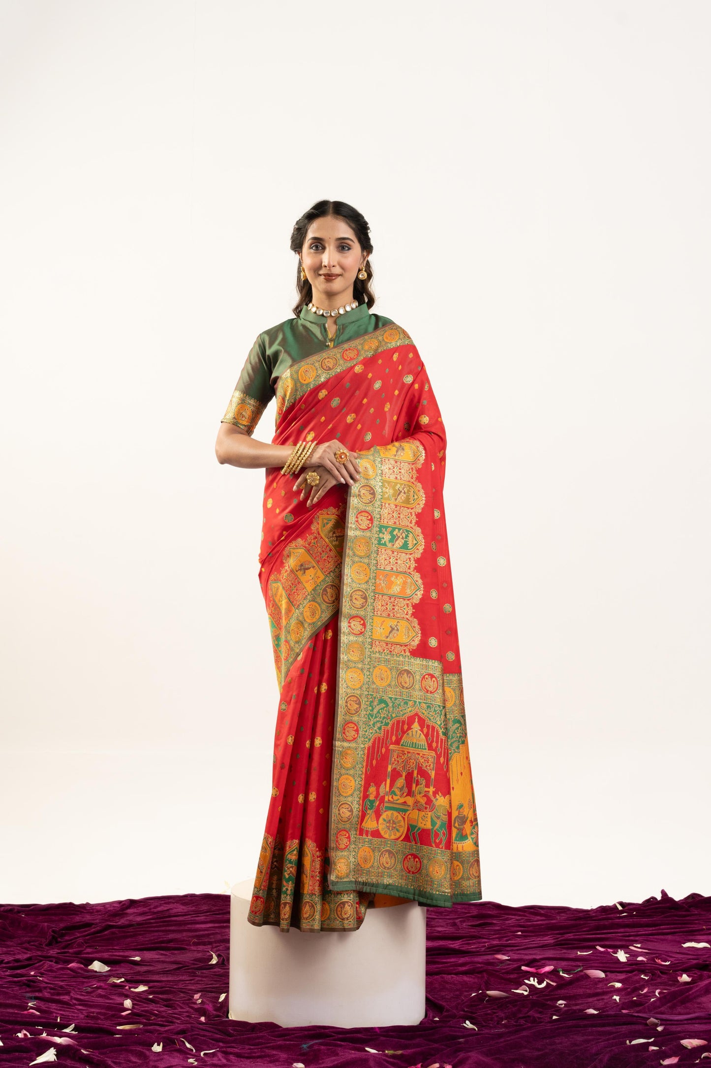 Jyoti Fashion Women's Red Banarasi Pashmina Soft Silk Zari Woven Saree with Blouse