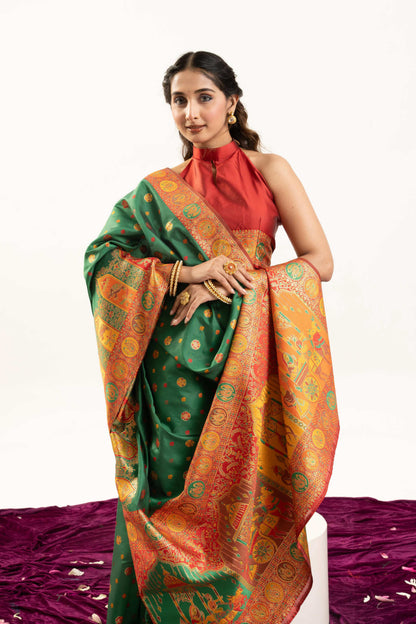 Jyoti Fashion Women's Green Banarasi Pashmina Soft Silk Zari Woven Saree with Blouse