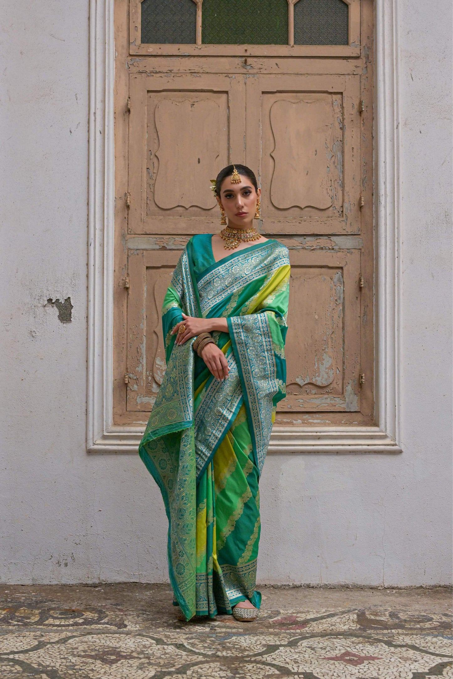 Jyoti Fashion Women's Multicolor Banarasi Silk Zari Woven Saree with Blouse
