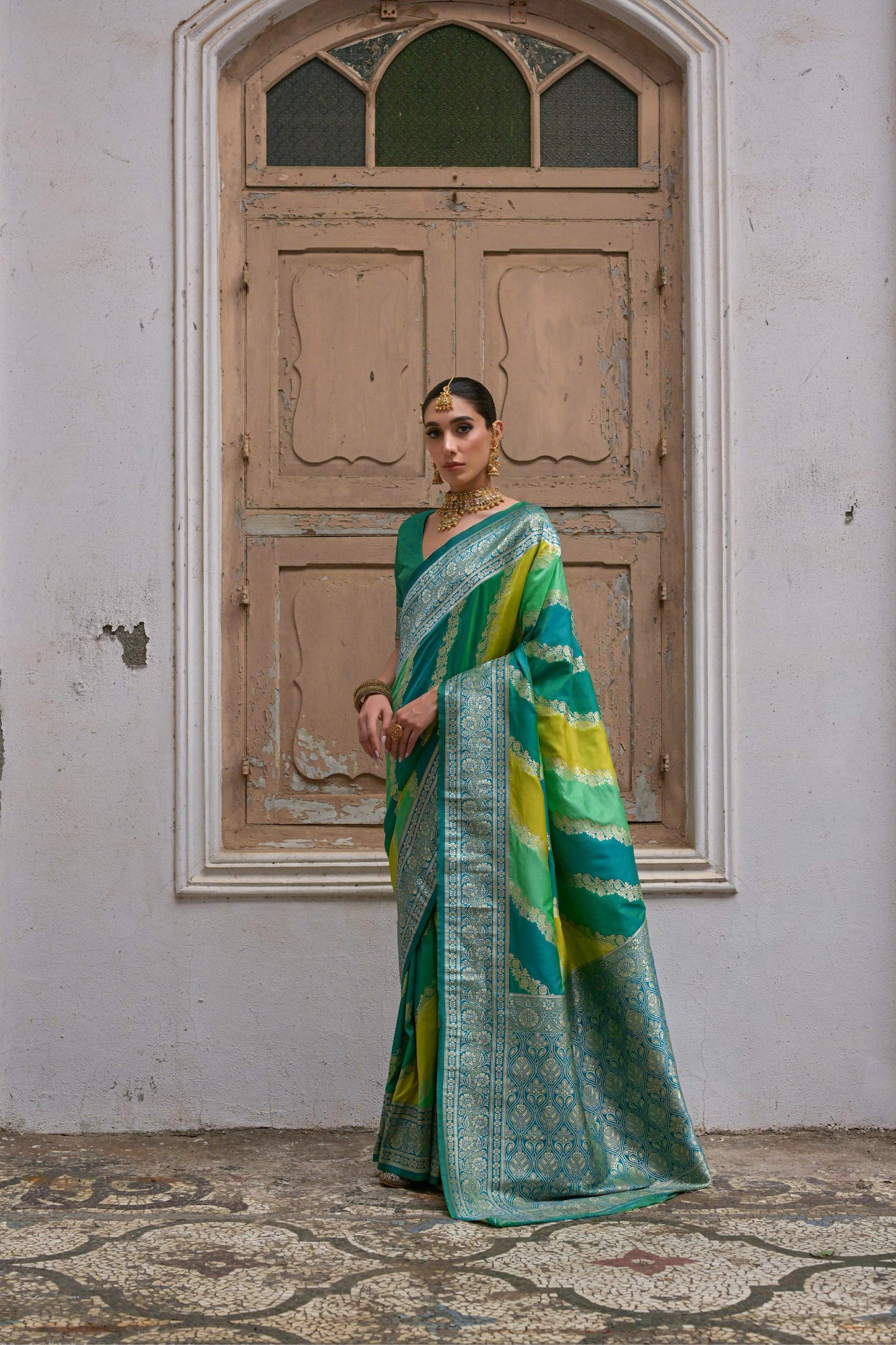 Jyoti Fashion Women's Multicolor Banarasi Silk Zari Woven Saree with Blouse