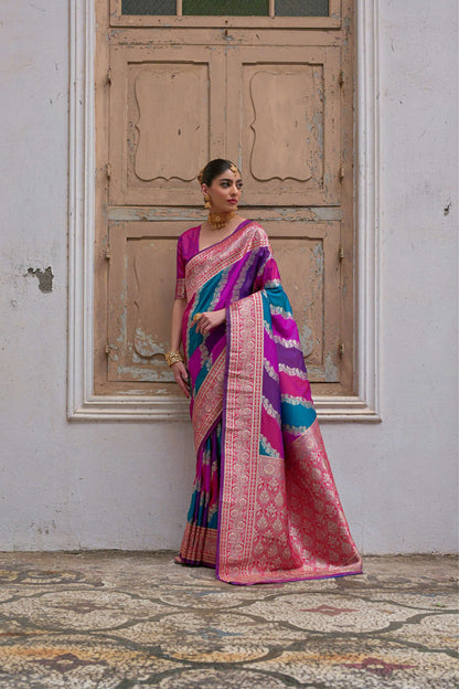 Jyoti Fashion Women's Multicolor Banarasi Silk Zari Woven Saree with Blouse