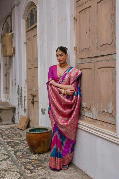 Jyoti Fashion Women's Multicolor Banarasi Silk Zari Woven Saree with Blouse